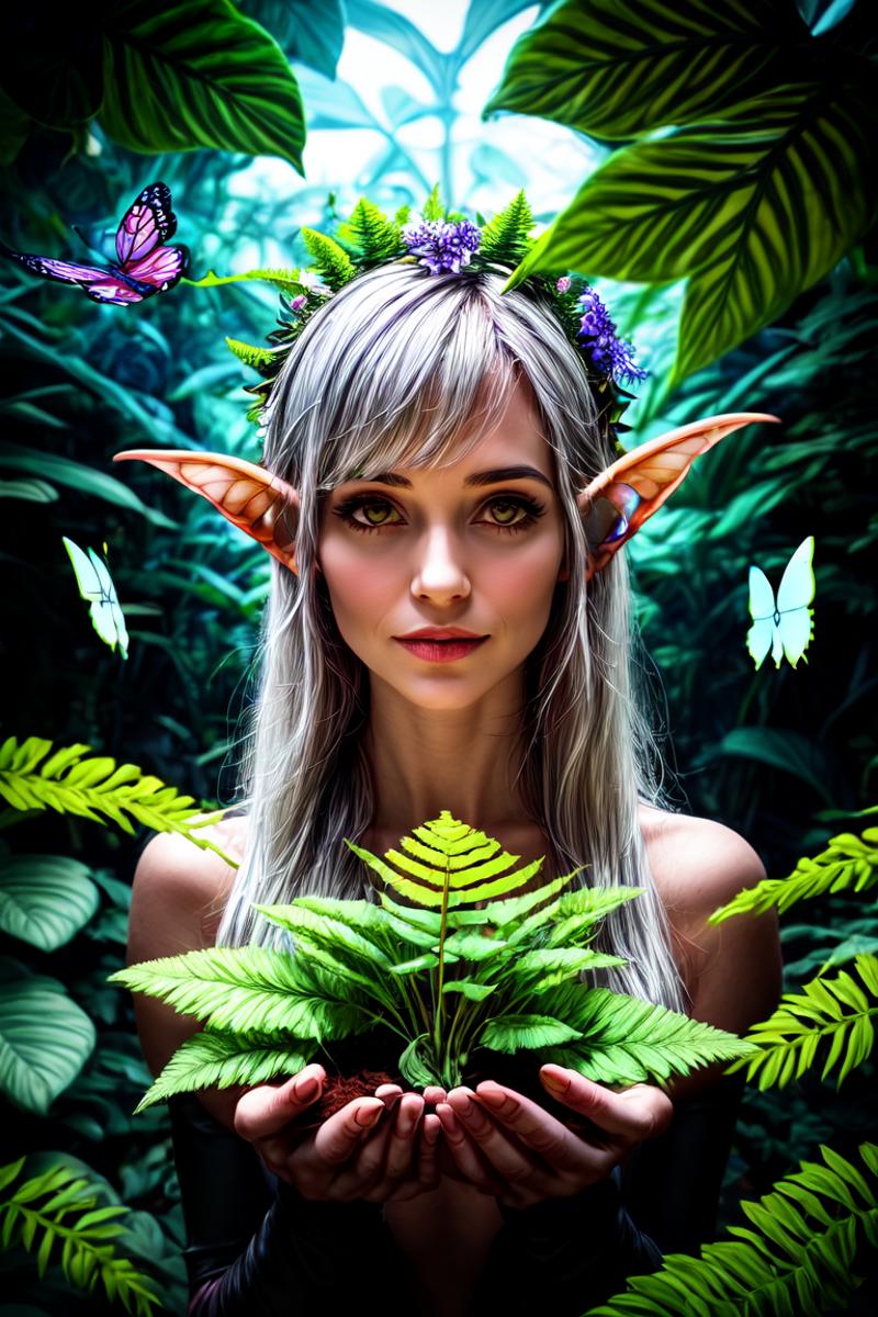 07616-2479046749-1 girl, adult (elven_0.7) woman, freckles, grey eyes, silver hair flaps, elf ear,leaf cloth,Beautiful Butterfly Wings,flower cro.png